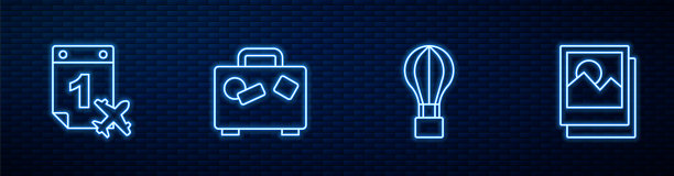 设置线热气球，日历和飞机，旅行箱和照片。砖墙上闪烁的霓虹灯图标。向量图片下载