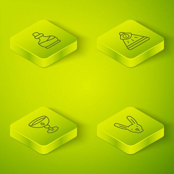 设置等距线石匠，中世纪高脚杯，兔子耳朵和瓶子药水图标。向量图片下载