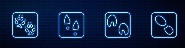 马爪脚印、狐狸脚印、鞋和人脚印。砖墙上闪烁的霓虹灯图标。向量图片下载