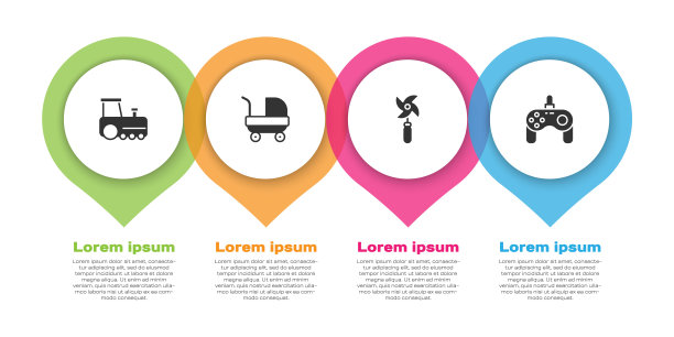 设置玩具火车，婴儿车，风车玩具和手柄。业务信息模板。向量图片下载