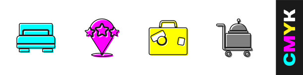 设置酒店客房床，五星级评级审查，手提箱和覆盖托盘图标。向量图片下载