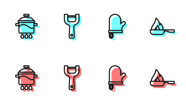 设置线烤箱手套，烹饪锅，蔬菜削皮器和煎锅图标。向量图片下载