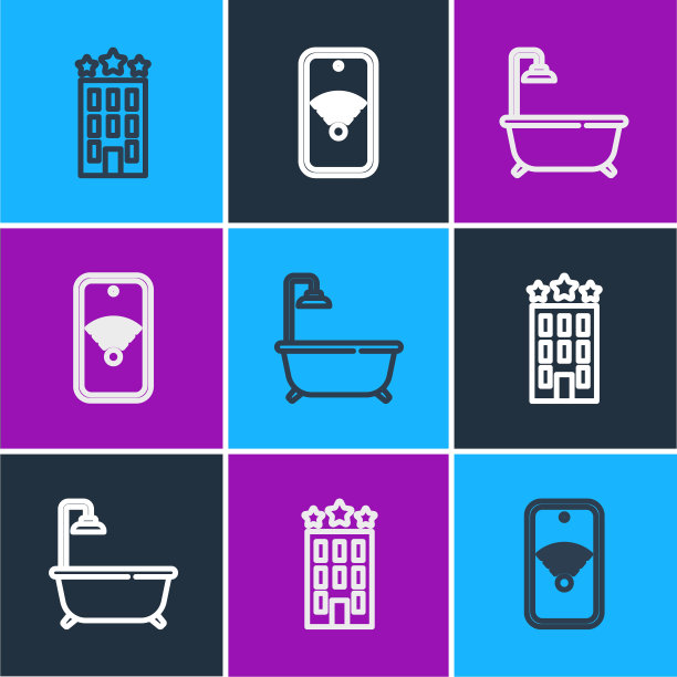 酒店建筑，带淋浴的浴缸和移动wi-fi无线图标。向量图片下载