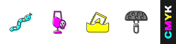 设置蛇，中毒酒精，放射性废物在桶和飞木耳蘑菇图标。向量图片下载