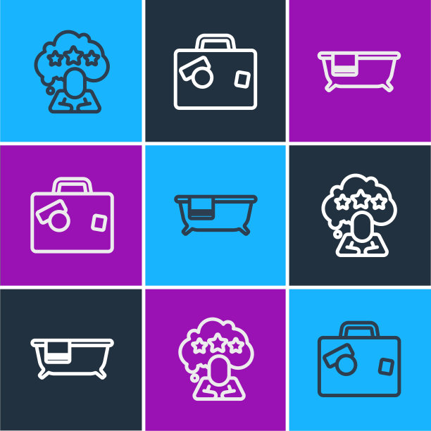 设置行五星评级评论，浴缸和手提箱图标。向量图片下载