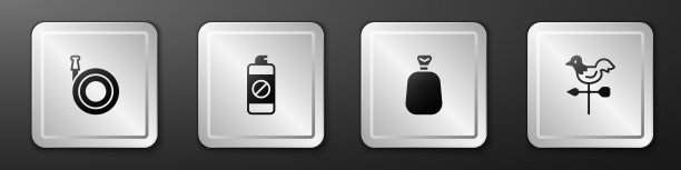 设置花园软管，肥料喷雾器，满袋和公鸡风向标图标。银广场按钮。向量图片下载