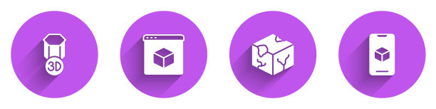 设置3D打印机，等距立方体和软件图标与长阴影。向量图片下载