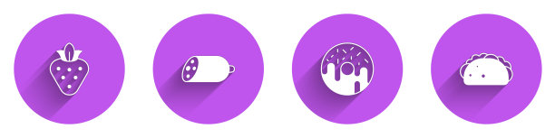 设置草莓，萨拉米香肠，甜甜圈和玉米卷图标与长阴影。向量图片下载