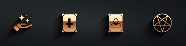 设置闪烁星与魔术，古籍，五角星在圆圈图标与长阴影。向量图片下载