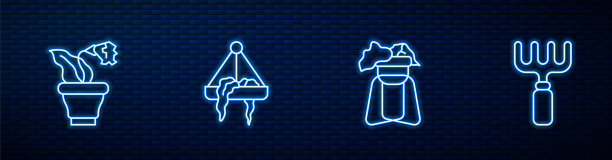 设置线植物站，花在花盆，悬挂和花园耙子。砖墙上闪烁的霓虹灯图标。向量图片下载