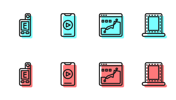 设置直线直方图摄影，灯光计，在线播放视频和彩妆镜与灯光图标。向量图片下载