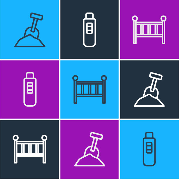 设置带沙铲的线沙盒，婴儿摇篮床和验孕图标。向量图片下载