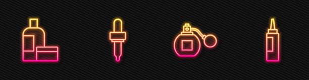 设置香水，乳霜或乳液化妆品管，移液器和。发光的霓虹灯图标。向量图片下载