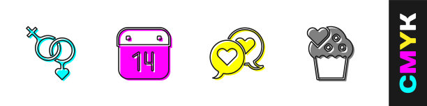 设置性别，日历与2月14日，心在讲话泡沫和婚礼蛋糕图标。向量图片下载