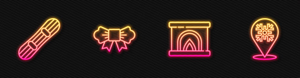 设置线室内壁炉，滑雪板，领结和雪花。发光的霓虹灯图标。向量图片下载