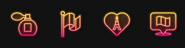 在埃菲尔铁塔上画上心形，香水，法国国旗和。发光的霓虹灯图标。向量图片下载