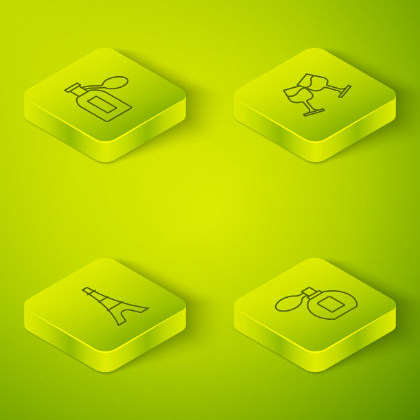 设置等距线酒杯，埃菲尔铁塔，香水和图标。向量图片下载