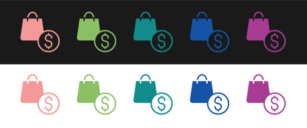 设置购物袋和美元图标孤立在黑色上图片下载