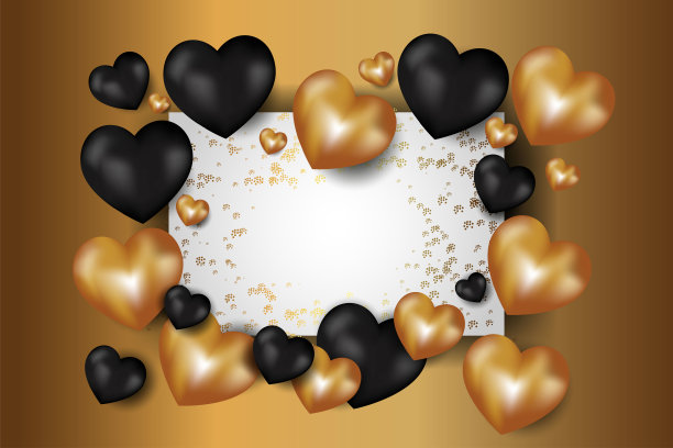 向量。情人节的抽象背景。逼真的3d黑色和金色的3d气球。心的形状。2月14日,爱。浪漫的节日贺卡，邀请，封面，横幅，海报。文本的复制空间。图片下载