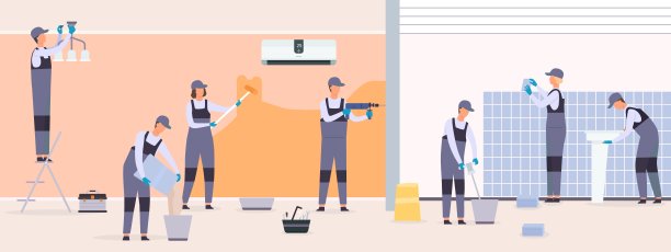专业修理工团队装修客厅室内。维修工人粉刷墙壁和铺瓷砖。杂工旅矢量概念图片下载