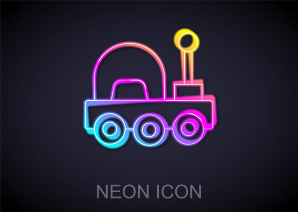 发光的霓虹灯线火星漫游者图标孤立在黑色背景上。空间探测器。太空城的迹象。研究行星表面的仪器。向量图片下载