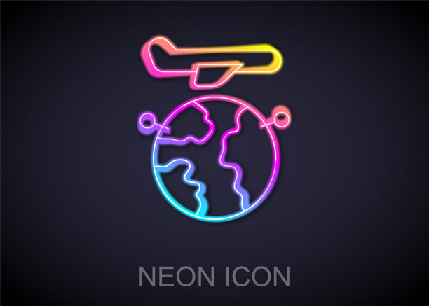 发光的霓虹线地球与飞行飞机图标孤立在黑色背景上。飞机绕地球飞行。飞机世界图标。向量图片下载