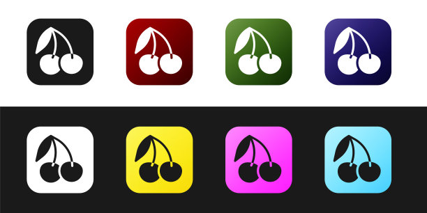 设置赌场老虎机与樱桃符号图标孤立在黑白背景。赌博游戏。向量图片下载