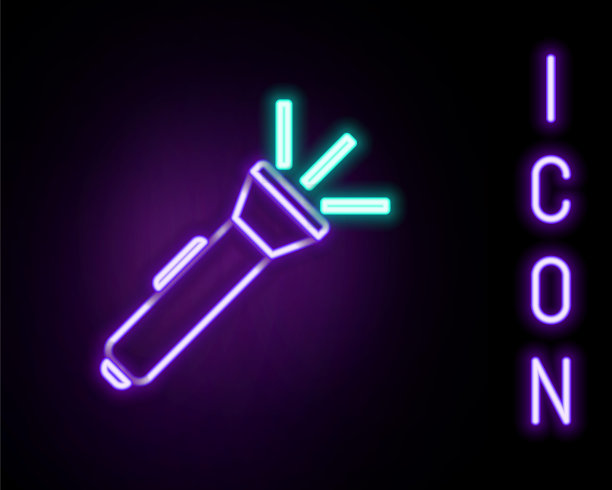 发光霓虹灯行手电筒图标孤立在黑色背景上。色彩斑斓的轮廓的概念。向量图片下载