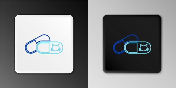 线猫和药丸图标孤立在灰色背景上。动物处方药。色彩斑斓的轮廓的概念。向量图片下载