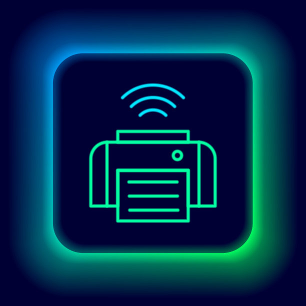 发光霓虹灯线智能打印机系统图标孤立在黑色背景。具有无线连接的物联网概念。色彩斑斓的轮廓的概念。向量图片下载