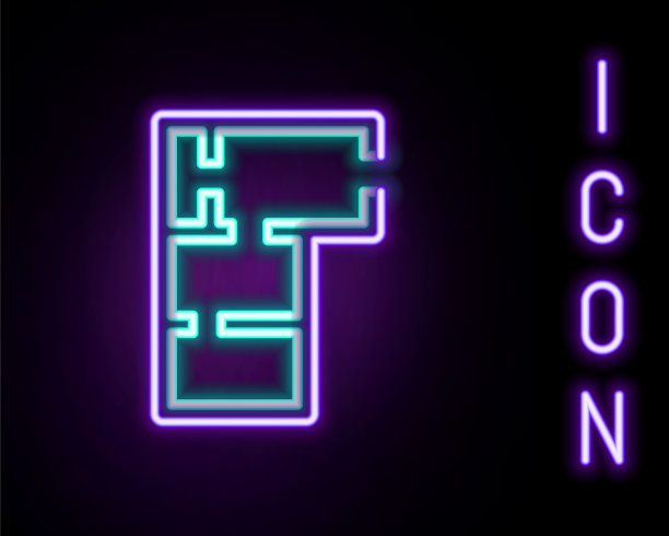 发光的霓虹灯线住宅计划图标孤立在黑色背景上。色彩斑斓的轮廓的概念。向量图片下载