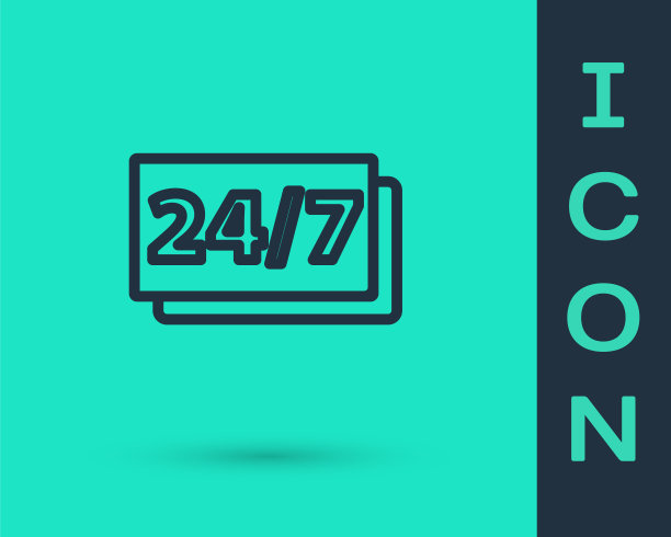 黑线时钟24小时图标孤立在绿色背景上。整天循环图标。24小时服务标志。向量图片下载