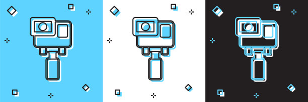 设置行动极端相机图标孤立在蓝色和白色，黑色背景。拍摄极限运动的摄像机设备。向量图片下载