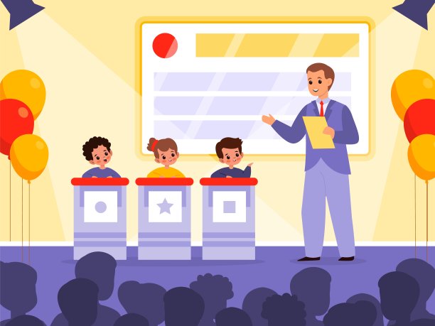 儿童智力竞赛电视节目。智力游戏比赛。年轻选手站在讲坛后面，在演播室回答主持人的提问。儿童比赛电视转播。向量的概念图片下载