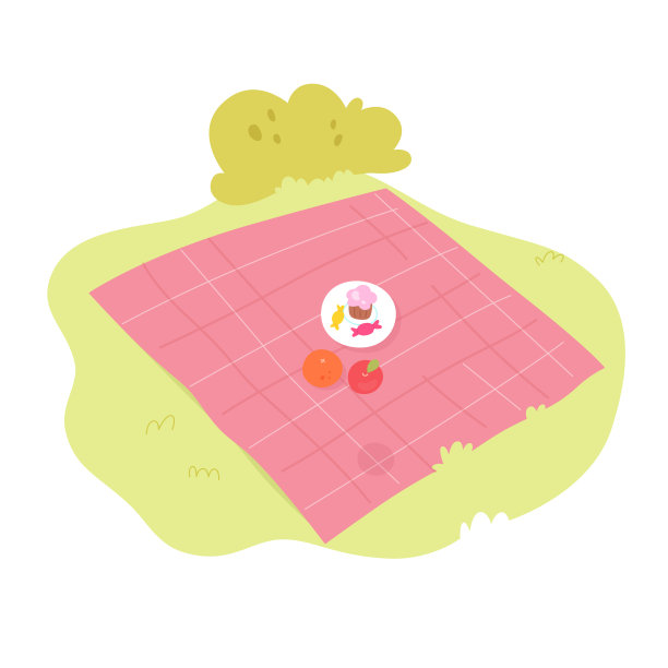 野餐毯子上有食物，红色的方形桌布上有蛋糕和水果躺在草地上图片下载