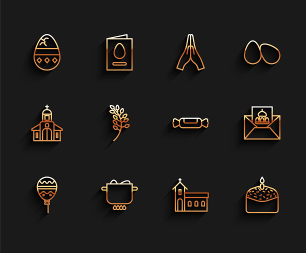 气球彩带，鸡蛋在火锅，有裂缝的鸡蛋，教堂建筑，复活节蛋糕和蜡烛，柳叶，贺卡快乐和糖果图标。向量图片下载