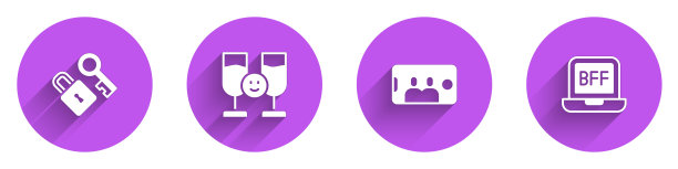 设置锁定与钥匙，朋友喝酒，手机上的自拍和BFF或最好的朋友永远与长阴影图标。向量图片下载