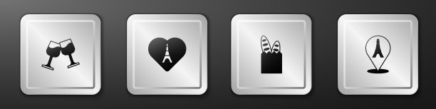 玻璃酒杯，埃菲尔铁塔，法式长棍面包和图标。银广场按钮。向量图片下载