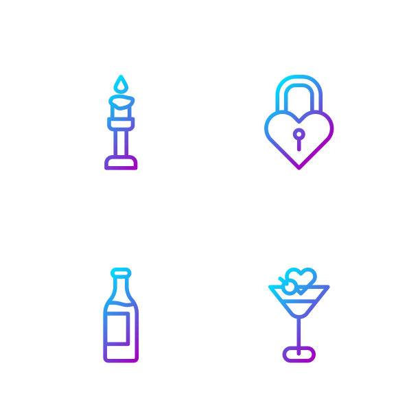 设置了马提尼酒杯，酒瓶，燃烧的蜡烛和城堡的形状的心。渐变颜色图标。向量图片下载