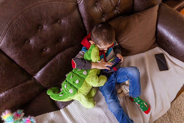 高角度拍摄，安静的白人男孩坐在沙发上玩手机游戏图片下载