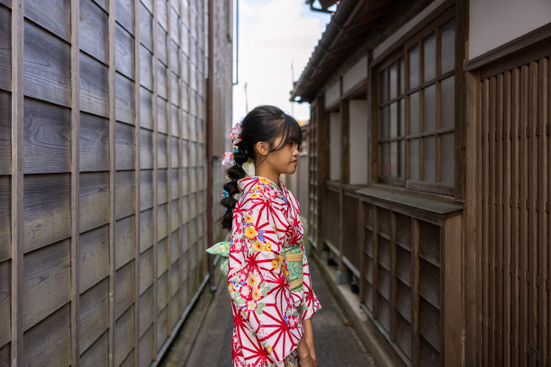 侧视图的少女在和服站在狭窄的人行道图片下载