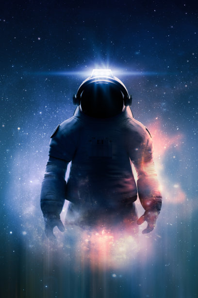 一名或多名宇航员穿着太空服在太空中，周围有星星、星云和星系的史诗般的景象。书的封面或海报设计。科幻和幻想主题。图片下载