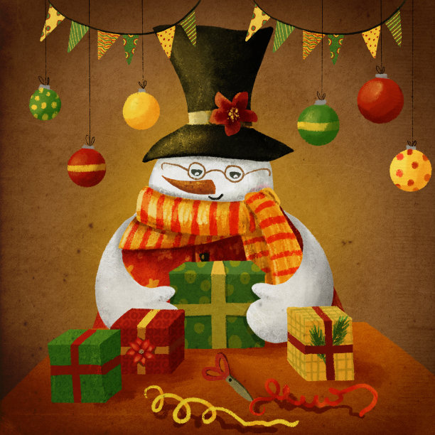 带着礼物、剪刀和旗帜的雪人。图片下载
