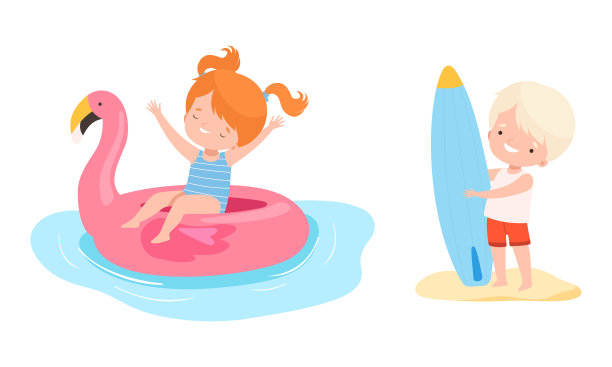 穿着游泳衣的小男孩和小女孩穿着火烈鸟橡胶鞋图片下载