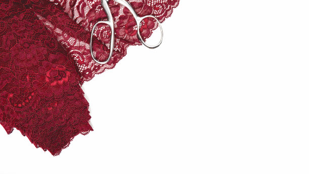 各种缝纫材料，红色，紫红色花边织物，剪刀。定制配件。横幅图片下载