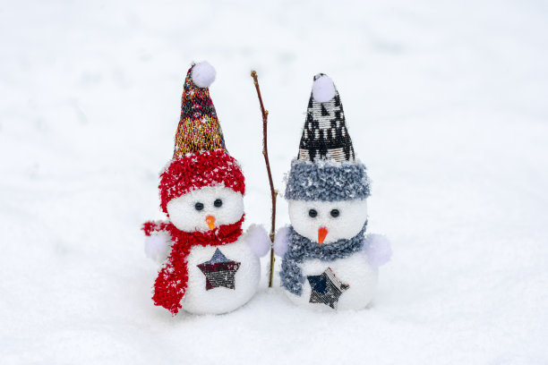快乐的两个小雪人在红色，蓝色的帽子和围巾站在冬天的雪背景圣诞童话你好一月，二月的概念图片下载