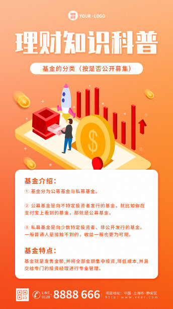 橙色大气扁平金融理财基本知识科普宣传手机海报图片下载