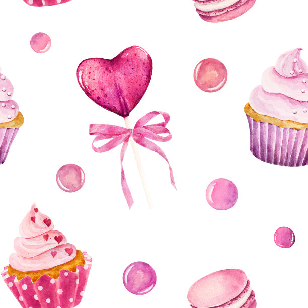 水彩无缝图案与纸杯蛋糕，马卡龙和棒棒糖孤立在白色背景。图片下载