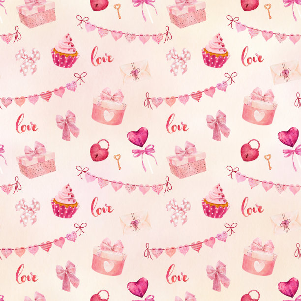 水彩无缝图案与礼品盒，蝴蝶结，糖果和粉红背景的心。情人节的概念。图片下载