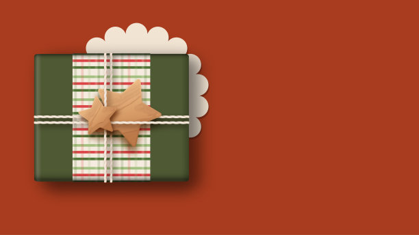 礼品盒工艺风格孤立在红色背景上。绿色方盒用绳子，装饰星形木制。前视图。矢量插图。图片下载